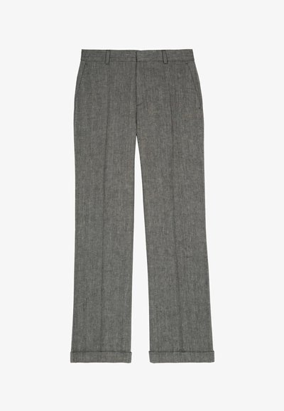 Pantaloni grigi a righe con taglio dritto, fronte plissettato e risvolti all'orlo. Realizzati in un tessuto testurizzato e con tasche laterali.