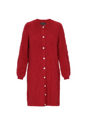 Rode gebreide cardigan met een getextureerd ruitpatroon, lange mouwen en zilveren knopen aan de voorkant. Zacht materiaal met een comfortabele pasvorm.