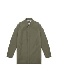 Cappotto verde oliva realizzato in tessuto testurizzato, con colletto a bottoni, due tasche laterali e taglio dritto con maniche lunghe.