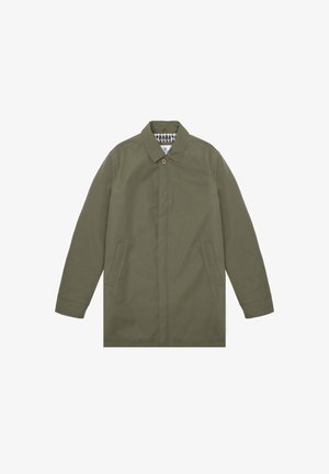 Cappotto verde oliva realizzato in tessuto testurizzato, con colletto a bottoni, due tasche laterali e taglio dritto con maniche lunghe.