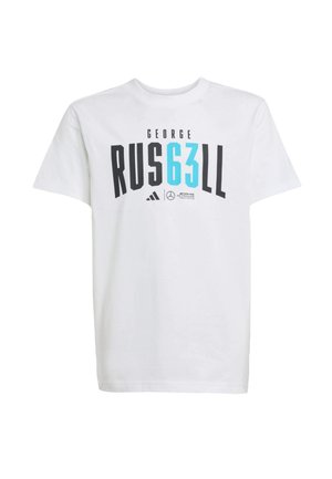 T-shirt en coton blanc à manches courtes, avec un imprimé graphique noir et bleu de "GEORGE RUSSELL 63" et le logo Adidas.