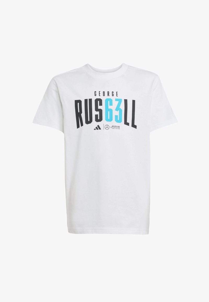 Weißes Baumwoll-T-Shirt mit kurzen Ärmeln, das einen schwarz-blauen Grafikdruck mit "GEORGE RUSSELL 63" und dem Adidas-Logo zeigt.