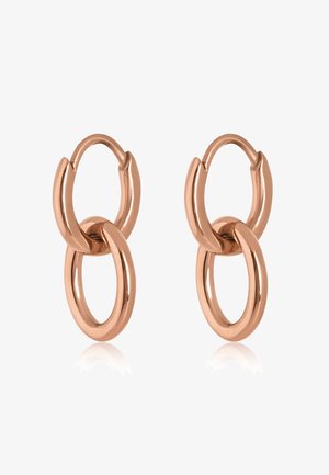 Rózsaarany fülbevalók, dupla lánc dizájnnal, polírozott felülettel, sima textúrával és biztonságos csattal.