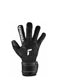Schwarze Torwart-Handschuhe mit strukturierter Griffoberfläche, verstärkten Fingern und einem sicheren Handgelenkband. Mit weißen Branding-Details.