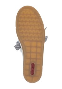 Brown rubber sole with textured pattern, featuring a red logo. Side detail includes a striped accent with a soft material.