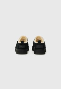 Sorte semskede sko med faux fur-fôr, flate svarte gummisåler og en bakre trekksløyfe. Ingen synlige logoer eller dekorative detaljer.