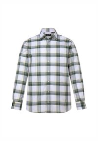 Camisa de cuadros de manga larga en blanco, verde y amarillo. Material de algodón con cierre de botones y cuello clásico. Presenta un patrón de cuadros uniforme en toda la prenda.