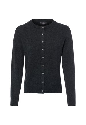 Dark gray long-sleeve cashmere cardigan with round neck and front row of small buttons, displaying smooth and soft knit texture.