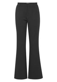 Pantaloni neri a gamba larga realizzati in tessuto liscio, con cintura su misura, tasche frontali e un design elegante e minimalista.