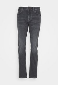 Mörkgrå slim fit jeans för herr med fem fickor och knappknäppning, uppvisade liggande på en vit bakgrund.