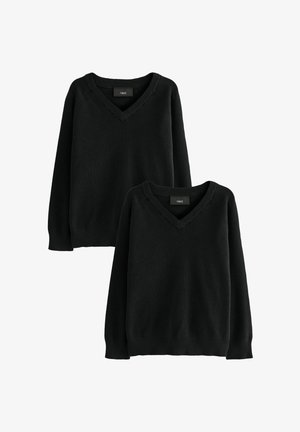 To sorte V-hals langærmede sweatre med ribbekanter ved ærmer og underkant, vist mod en hvid baggrund.