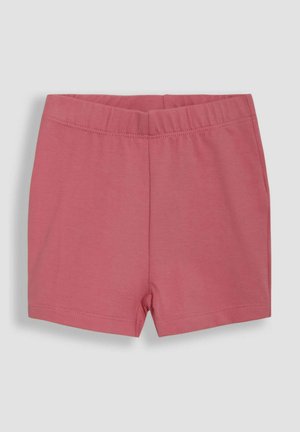 Roza bombažna kratka hlače z elastičnim pasom, ki imajo gladko teksturo in preprost dizajn. Brez žepov ali dodatnih podrobnosti.
