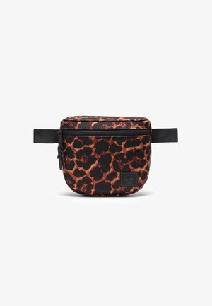 Black and orange leopard print pouch with zip closure, rectangular shape, fabric material, and adjustable strap. Features branded tag on front.