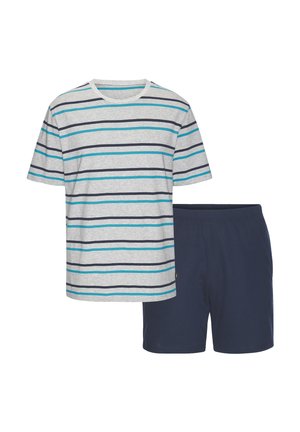 Short-sleeve gray T-shirt with blue and black horizontal stripes paired with plain navy blue shorts.