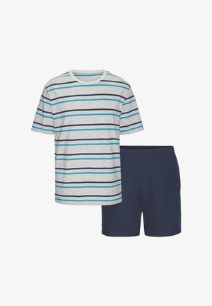 Short-sleeve gray T-shirt with blue and black horizontal stripes paired with plain navy blue shorts.
