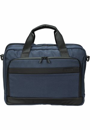 Laptop-Tasche aus marineblauem Stoff mit schwarzen Akzenten, doppelten Griffen oben und einer vorderen Reißverschlusstasche. Strukturierte Oberfläche mit Reißverschlüssen. Leichtes Design.