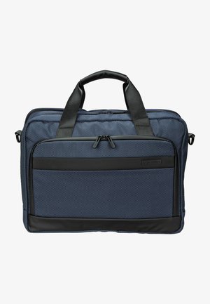 Sac d'ordinateur en tissu bleu marine avec des accents noirs, double poignée supérieure et poche frontale zippée. Surface texturée avec des fermetures éclair. Design léger.
