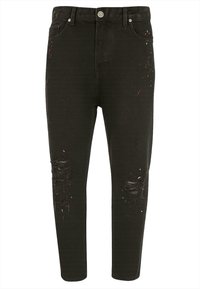 Jeans skinny de mezclilla negra con detalles desgastados, incluyendo rodillas rasgadas y salpicaduras de pintura. Cuenta con cierre de botón y cinco bolsillos.