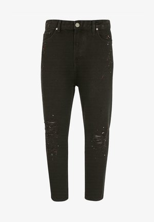 Jeans skinny de mezclilla negra con detalles desgastados, incluyendo rodillas rasgadas y salpicaduras de pintura. Cuenta con cierre de botón y cinco bolsillos.