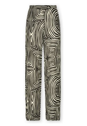 Sort-hvide bukser med vide ben og talje i højden, med et abstrakt geometrisk mønster af koncentriske firkanter og uregelmæssige linjer.