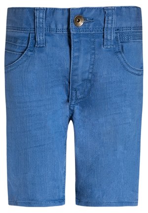Blå denimshorts til småbørn med forreste knap, lynlås, bæltestropper og to forlommer.