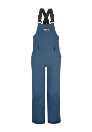 Children's blue waterproof overalls with black adjustable shoulder straps and front pocket labeled Trollkids.