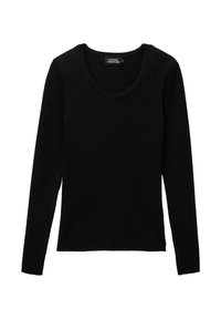 Chemise noire à manches longues en tissu doux et lisse. Dotée d'un col rond et d'un design ajusté sans motifs ni accents visibles.