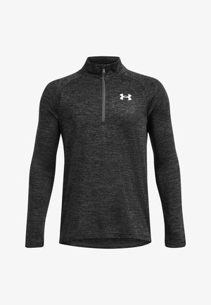 Pullover nero a maniche lunghe con colletto con zip, caratterizzato da una trama mélange e un piccolo logo bianco nella parte superiore sinistra del petto.