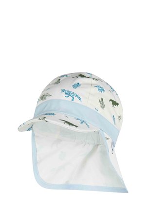 White and light blue children's sun hat with neck flap, featuring blue and green dinosaur and cactus patterns.