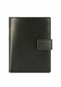 Czarny skórzany portfel o gładkiej fakturze, wyposażony w klapkę i zapięcie na zatrzask. Prosty design z tłoczonym logo marki.