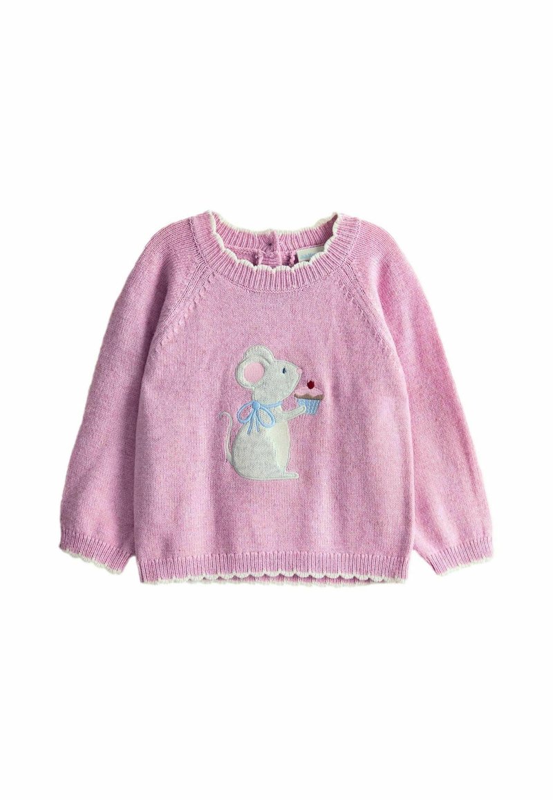 Rosa gestrickter Pullover mit einem gewellten Ausschnitt. Er bietet eine gestickte graue Maus, die einen Cupcake mit einer Kirsche oben hält.