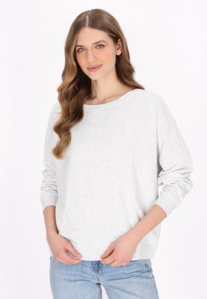 Light grey sweatshirt with a wide neckline, long sleeves, and ribbed cuffs. Made of soft fabric, displayed with a casual fit.