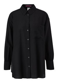 Camicia nera con bottoni realizzata in tessuto testurizzato, dotata di colletto, maniche lunghe, tasca sul petto e orlo dritto con spacchi laterali.