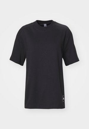 Black short-sleeve t-shirt with a crew neck, made of soft cotton. Features a logo on the bottom left and a relaxed fit design.