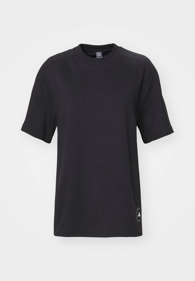 T-shirt noir à manches courtes avec un col rond, fabriqué en coton doux. Présente un logo en bas à gauche et un design à coupe décontractée.