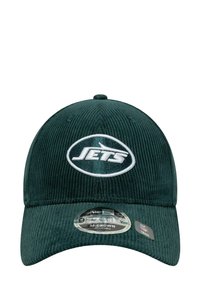 Grüne Cordura-Kappe mit gesticktem „JETS“-Logo, gebogenem Schirm und verstellbarem Riemen. Verfügt über einen strukturierten Stoff und einen 9FORTY New Era-Aufkleber.