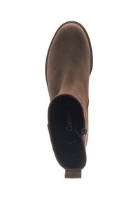 Brown suede ankle boot featuring a side zipper, rounded toe, and subtle branding inside. The sole is flat and slightly textured.