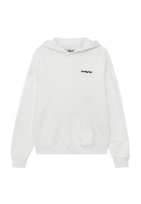 Hoodie bianco in cotone con tasca frontale, dotato di un logo nero sul lato sinistro del petto e polsini e orlo a costine.