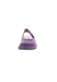 Purple leather shoe with an open back, stitched accents, and a round toe. Features a small side button detail and a contrasting sole.