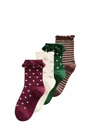 Vier Paare Knöchelsocken mit gerafften Bündchen, mit weißen Herzen auf Burgunder und Grün, Kirschen auf Creme und Braun mit weißen Streifen.
