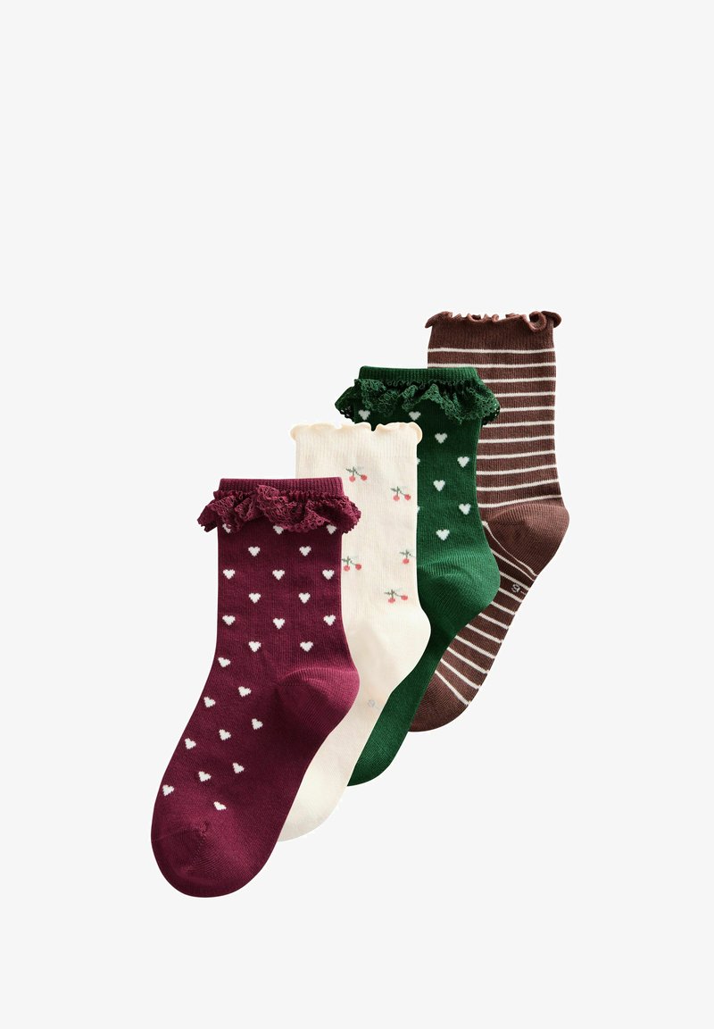Four pairs of ankle socks with ruffled tops, featuring white hearts on burgundy and green, cherries on cream, and brown with white stripes.
