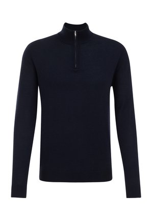 Marineblauwe sweater met lange mouwen, een ritssluiting bij de opstaande kraag en geribde manchetten. Gemaakt van zachte stof met een gladde textuur.