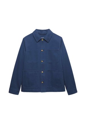 Veste bleu marine à boutons, manches longues, col et trois poches plaquées à l'avant, présentée sur un fond blanc.