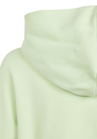 Sudadera verde clara con una textura suave. Presenta una capucha grande y holgada, y tejido acanalado, mostrando costuras lisas y una sutil variación de color.