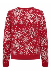 Roter gestrickter Pullover mit weißem Schneeflockenmuster, gerippten Bündchen und Saum, rundem Ausschnitt und lockerer Passform.