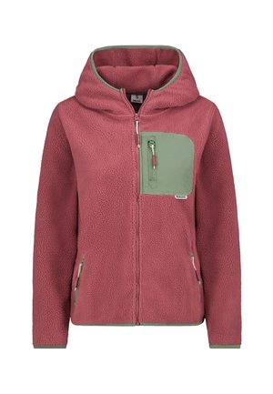 Fleecejacke in staubrosa mit grüner Kapuze und Brusttasche. Verfügt über einen strukturierten Stoff, Reißverschluss und Seitentaschen für zusätzliche Funktionalität.