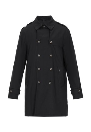 Schwarzer Trenchcoat aus wasserabweisendem Stoff, mit doppelreihigem Design, zwei Fronttaschen und strukturiertem Kragen mit Schulterklappen.