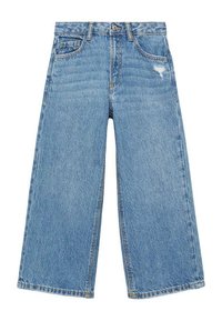 Jeans largi de culoare albastru deschis, fabricate din denim, având talie înaltă, buzunare frontale și un detaliu uzat pe coapsa stângă.