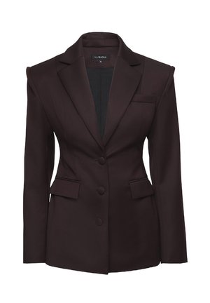 Bordový sak na mieru s ostrým klopom, dvoma prednými vreckami, tromi gombíkmi a elegantným priliehavým strihom. Vyrobené z hladkej látky.