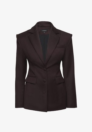 Sacou burgundy, croiți pe măsură, cu rever ascuțit, două buzunare frontale, trei butoane și un design elegant, ajustat. Fabricat din material neted.